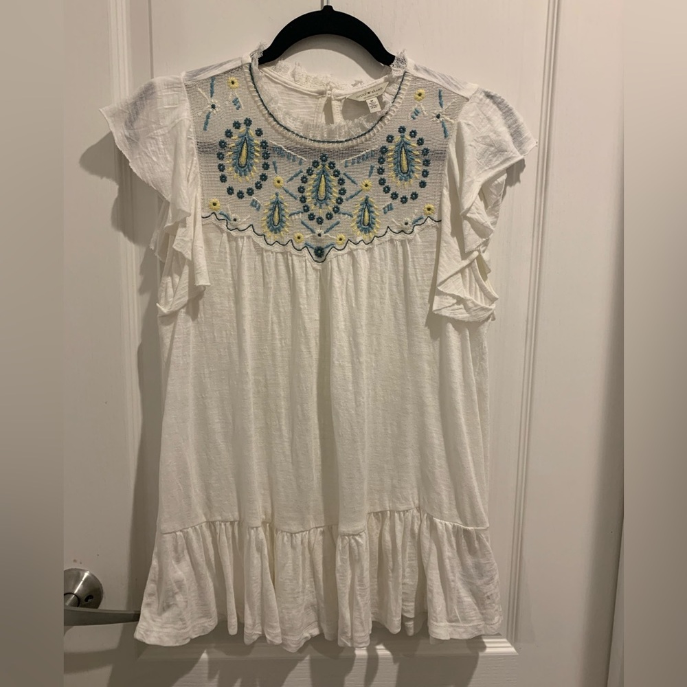 Lucky Brand Medium White Embroidered Ruffle Blue Boho Short Shirt Top Blouse